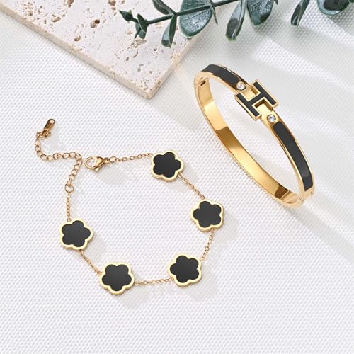 H Bangle & Clover Bracelet for Women - Stainless Steel Fashion Jewelry - 18K Gold Plated H Bangle and Lucky Five Leaf Clover Bracelet - Elegant Bracelets Set - Gift for Women - color: Gold-Black Set