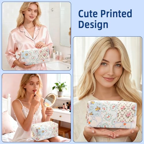 Small Makeup Bag Quilted Cosmetic Bag Floral Travel Toiletry Bags for Women Cute Pencil Case Quilted Makeup Pouch Aesthetic Coquette Cosmetic Pouch Cotton Make Up Bags Cute Zipper Pouches Blue - color: Ab-flower bee