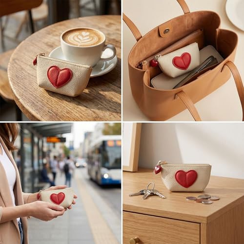 Red Heart Design Small Coin Purse - Cute Compact Keychain Change Purse Soft Leather Wallet with Zipper for Women (White) - color: White