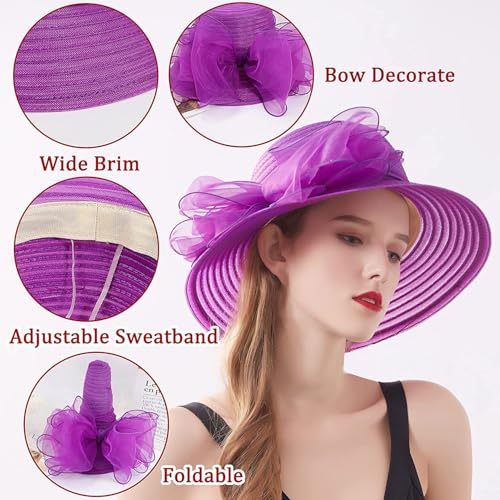 Women's Kentucky Derby Church Dress Hat Wide Brim Leaf Flower Bridal Shower Hat - color: 01 Purple