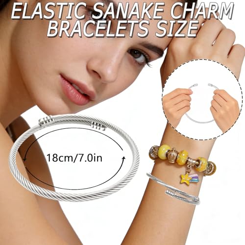 Exway 10 Pcs Elastic charm Bracelet chain Stainless Steel Cable Wire Twisted Cuff Bangle Bracelet Gold And Sliver charm Bracelets Kit for Crafts DIY Women Jewelry Making - color: gold+silver style B, size: 7.0in