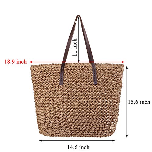 Ayliss Women Straw Woven Tote Large Beach Handmade Weaving Shoulder Bag Purse Straw Handbag - color: Khaki