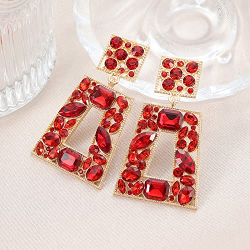 Rhinestone Rectangle Statement Earrings Colorful Crystal Geometric Drop Dangle Earrings for Women Prom Party - color: red