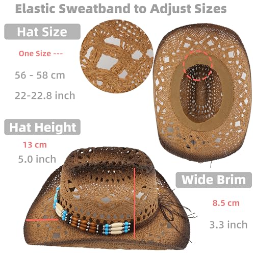 Straw Cowboy Hat, Western Cowgirl Hat, Wide Brim Sun Beach Hat for Men and Women - color: Khaki-m20