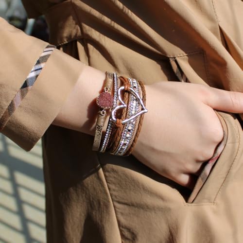 Womens Multi Layer Heart Leather Wrap Bracelet Boho Stackable Cuff Bangle Magnetic Clasp Crystal Birthday Valentine Gift - color: Brown