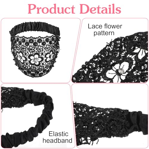 cobee 3 Pcs Elegant Lace Headbands for Women, Wide Boho Head Wrap with Rhinestone Beads Elastic Vintage Crochet Headbands Stretch Turban Hair Accessories for Women Various Holidays Yoga Wedding