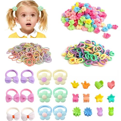 300 PCS Hair Ties Set Baby Toddlers, No Damage Baby Hair Ties, Mini Claw Clips, Flower Bow Elastic Scrunchies, Multi color Colorful Elastic Hair Ponytail Holder Hair Accessories for Baby Girls Kids
