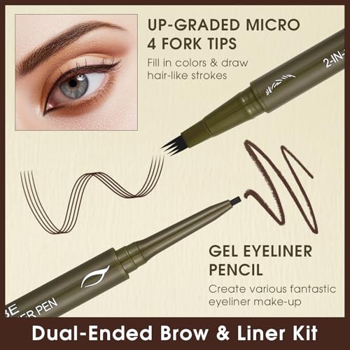 UCANBE Eyebrow Pen, Dual-Ended Eyebrow Pencil with 4-Fork-Tip & Gel Eyeliner for Women, Eye Brow Pen with Gel Eyeliner Pencil, Microblading Eyebrow Pencils with Hair Like Strokes, Classic Brown - color: Classic Brown