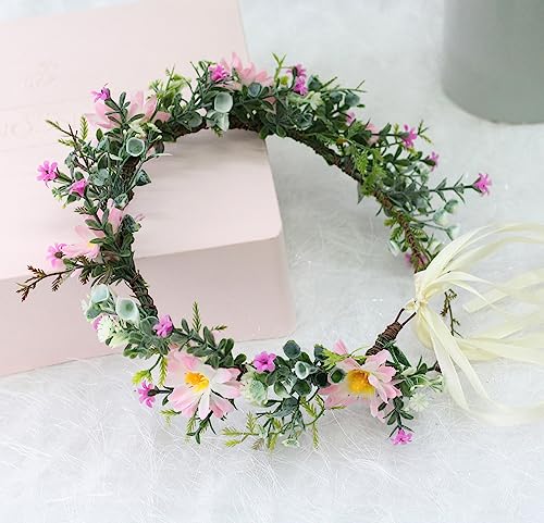 Vivivalue Wedding Floral Crown Adjustable Flower Headband Hair Wreath Floral Headpiece Halo Boho with Ribbon Party Prom Festival Photos - color: 3