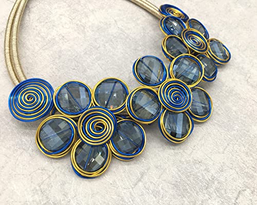 Statement Chunky Flower African Necklace For Women Tribal Fashion Costume Jewelry Earring Sets Unique Big Colorful Rhinestone Crystal Pendent Collar Choker Bib Handmade - color: Bib blue plus gold