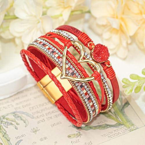 Leather Wrap Bracelet for Women, Boho Cuff Bracelet with Strong Clasp, Multi-Layer Crystal Leather Bracelet for Valentine Mother's Day - color: 01-Heart-Red