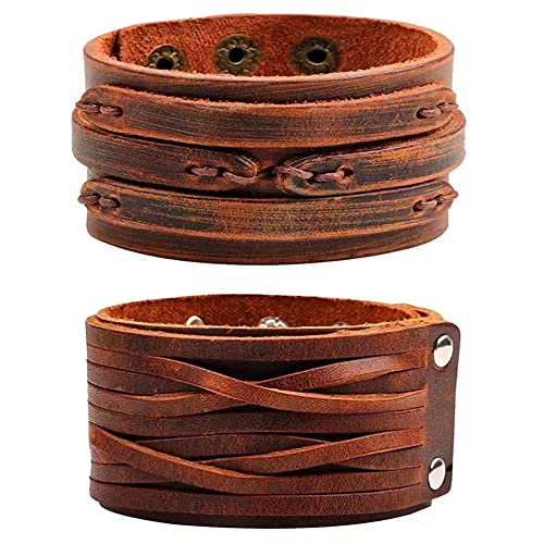 NIGHTCRUZ Punk Leather Cuff Bracelet, 2PCS Vintage Leather Wristband for Men Women - color: Brown