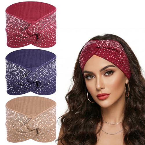 Sliverdew Rhinestone Headbands for Women, 3 Pcs Sparkly Crystal Wide Headbands Bling Fancy Sparkle Head Scarf Turban Stretchy Hair Bands Elastic African Head Wraps for Black Women - color: Burgundy & Khaki & Navy
