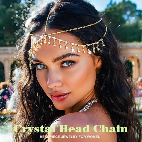 JEAIRTS Boho Rhinestone Head Chain Gold Crystal Forehead Headpiece Bridal Festival Hair Jewelry for Women