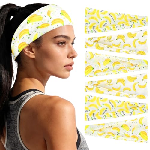 YARIEW 6Pcs Headbands Paisley Bandanas Head Bands Sweat Band Hair Wrap Headwrap Fashion Boho Wide Thick Workout Yoga Elastic Headbands Mens Cooling Running Sports Headband Sweatbands for Women and Men - color: Yellow Banana