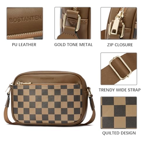 BOSTANTEN Quilted Crossbody Bags for Women Vegan Leather Purses Shoulder Handbags with Wide Strap - color: Checkered Coffee