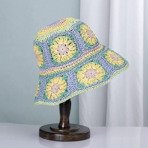Women Straw Sun Hat Floral Woven Crochet Bucket Hat Y2k Aesthetic Accessories Beach Hat Hand Woven Boho Foldable Cap - color: Lake