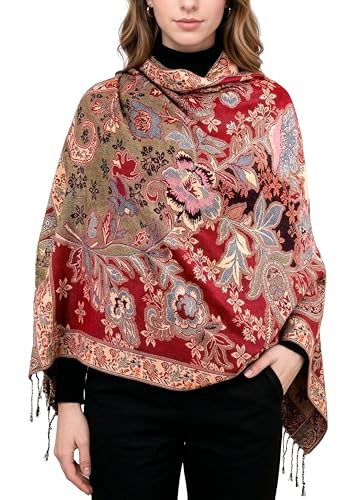 Achillea Elegant Paisley Floral Pashmina Shawl and Wrap – Boho Rave Scarf for Festival, Travel & Everyday Wear - color: Red Black