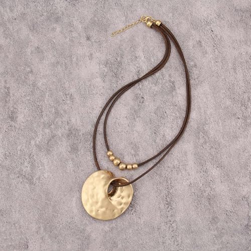Boho Necklaces for Women Chunky Circle Necklace Layered Boho Circle Leather Choker Necklace Long Vintage Necklaces Bohemian Jewlery Gifts - style: Bohemian Pendant Necklace