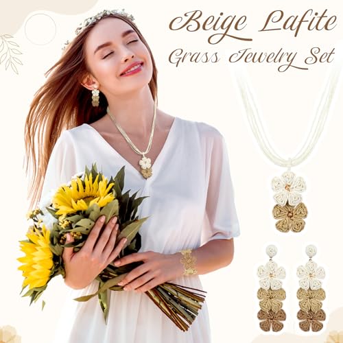 Tondiamo 3 Pcs Raffia Jewelry Set for Women Boho Daisy Flower Necklace, Open Cuff Bracelet, Earrings, Gift for Mom - color: Brown