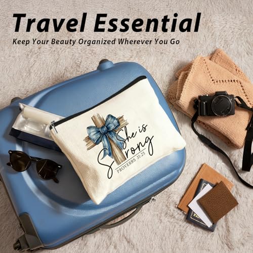 Coquette Blue Bow Christian Makeup Bag, She Is Worthy Blue Girly Cosmetic Bags for Women, Proverbs 31 Woman Gifts, Christian Gifts for Women, Preppy Aesthetic Zipper Makeup Pouch - color: 01- Bible(01)