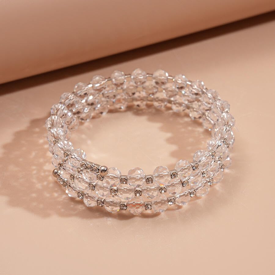 Caiyao Bohemia Multilayer Glass Beaded Charm Bracelets Handmade Resin Beads Stackable Wrap Bracelet Layered Open Cuff Bnagles for Women Holiday Vacation Boho Jewelry Gifts - color: White