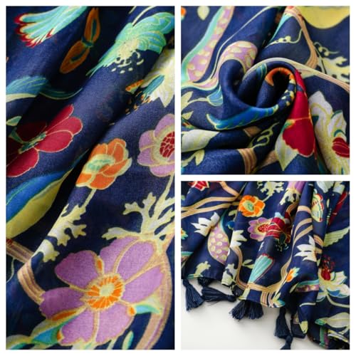WaJuemy Travel Boho Scarf for Women Casual Lightweight Pashmina Scarves Fashion Multicolor Shawl Wraps with Fringed Beads - color: 49 Navy Bloom