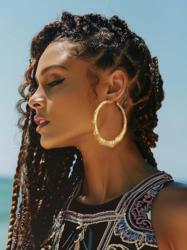 KeyStyle Bamboo Hoop Earrings for Women, Stainless Steel 90s Hoops Earring Lightweight Loops for Party, 2 mm Thick Hypoallergenic Vintage Circle Endless Thin Hoop (40mm, 60mm, 80mm,) - color: 14K Plated Gold-80mm