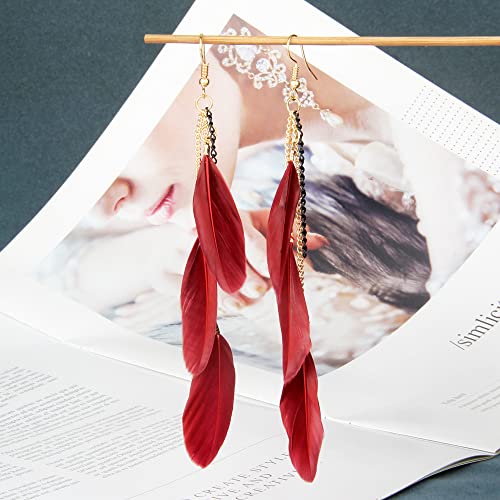 coadipress Boho Piercing Tassel Feather Long Chain Earrings Retro Lightweight Native Feather Dangle Drop Earrings for Women Bohemian Handmade Natural Feathers Earring Jewelry - color: Wine Red