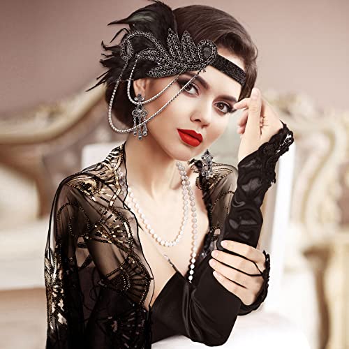 Zhanmai 5 Pcs 1920s Flapper Accessories for Women Roaring 20s Headpiece Shawl Necklace Earring Gloves - color: Black Gold, style: Retro