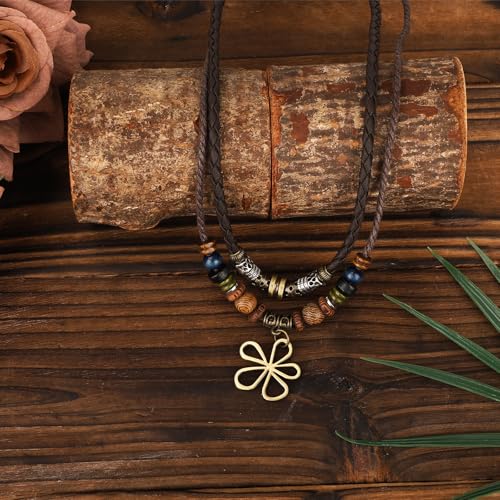 Mikovivi Multi-Layer Wood Bead Necklace with Hollow Flower Earrings, Boho Hippie Necklaces Unisex Bohemian Jewelry for Men Women - style: style 1