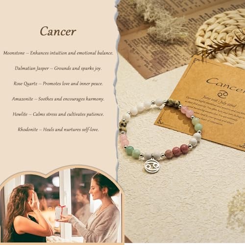 Zodiac Natural Stone Bracelet – Handmade Crystal Healing Bracelet with Zodiac Charm – Adjustable Beaded Jewelry Gift for Women Men Girls - color: Cancer