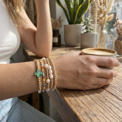 Gold Beaded Cross Bracelet for Women, 14K Plated Adjustable Stackable Dainty Bracelets, Non Tarnish Fashion Jewelry Set Gifts for Women Birthday Friendship - color: Colors-2
