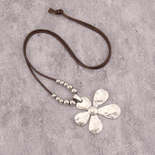 Bohemian Women's Leather Long Pendant Necklace Sweater necklace Adjustable Retro Woven Handmade Jewelry - color: Silver Flower