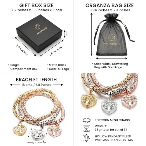 Aphrodite's Tree of Life Heart Edition Charm Bracelet with Austrian Crystals – Gold, Silver & Rose Gold Plated Popcorn Chain Bracelet Set for Women