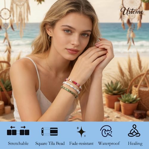 Tila Flat Square Stack Beaded Bracelets Set for Women Men, Boho 3Pcs Romantic Handmade Healing Gold Colorful Stretch Accessories Jewelry, Daily Vacation Party Holiday Friendship Gift - color: Red White Green