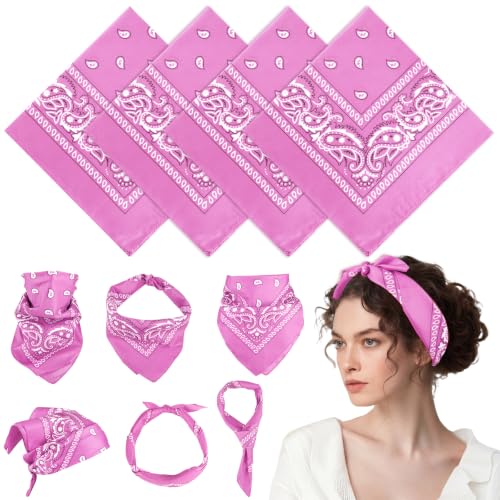 PLULON Bandanas for Men Women 4/12/24/30 Pack, Paisley Pattern Bandana Bulk Headbands Handkerchief Face Mask 100% Polyester - color: Pink