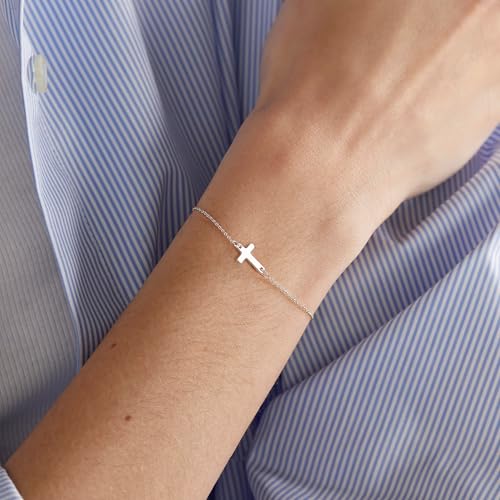 Tewiky Waterproof Gold Bracelets for Women Non Tarnish - Dainty Stack 14K Gold Plated/Sterling Silver Chain Bracelets Set Adjustable Trendy Jewelry for Women - style: silver cross bracelet
