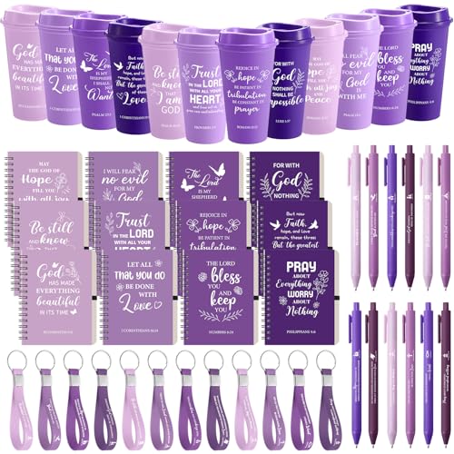 Skylety 12 Set/ 48 Pcs Christian Gifts for Women Men Religious Gift Set 16 oz Bible Scripture Cups with Lids Mini Spiral Notebooks Pens Keychains for Mother Father Birthday(Purple Gradient) - color: Purple Gradient