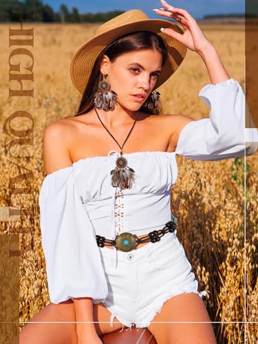 Fourluoo Boho Feather Hair Accessories Set for Women Include 6pcs Feather Hair Clips Necklace & Earrings & Braid Waist Belt Vintage Headband Accessories, Festival Wedding Party Jewelry Kit
