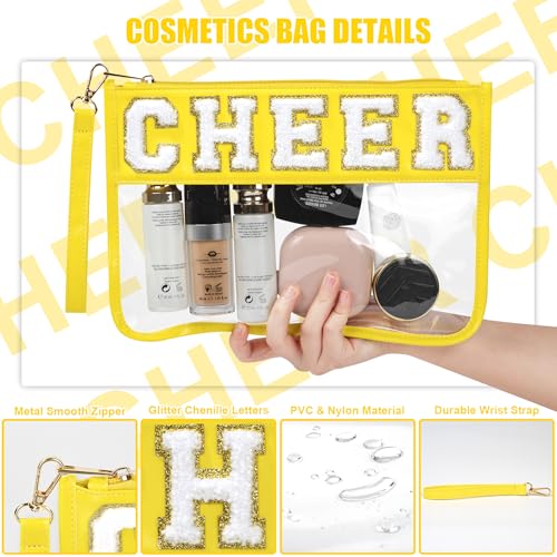 BuyCard Cheer Chenille Letter Bags Clear Makeup Bag, Cheerleader Gifts Cosmetic Bag, Varsity Preppy Patch Flat Pouch Cheer Accessories, Waterproof PVC Organizer Toiletry Bag for Women Girls Yellow - color: Yellow-Cheer