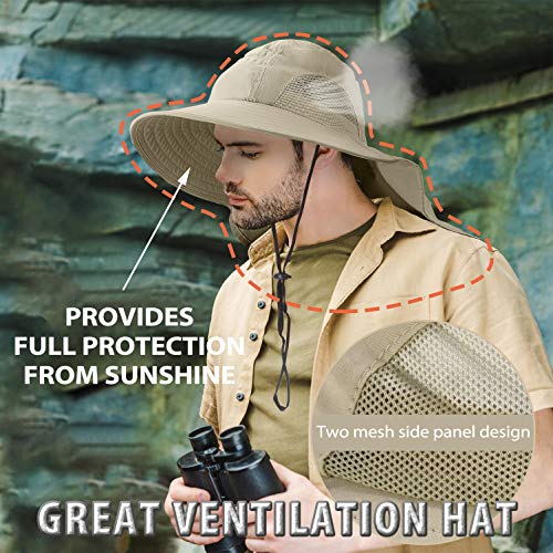 Tirrinia Wide Brim Sun Hat with Neck Flap for Men & Women, Breathable Hiking Fishing Safari Hat, Outdoor UV Protection Cap - color: Tan