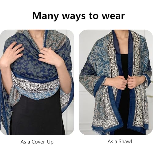 Paisley Pashmina Feel Shawls Wraps for Women Rave Scarf Soft Silky Exotic Boho All Seasons - color: Dark Blue
