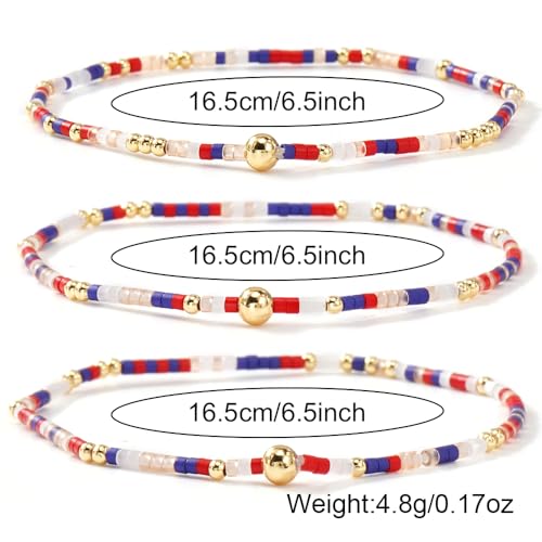 Colorful Beaded Bracelet Stack for Women,3PCS Handmade Bohemian Gold Plated Ball Stretch Stackable Bracelets Set Fashion Jewelry Gift Friendship - color: Red