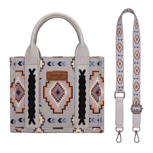 Wrangler Mini Aztec Tote Bag for Women Boho Small Top Handle Purse with Adjustable Strap - color: Boho Grey