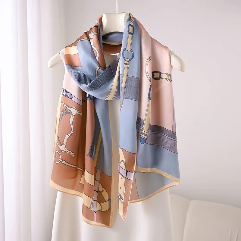 ANDANTINO 100% Silk Long Scarf-Women Large Oblong Shawls with Gift Packed - color: Belts-blue&brown