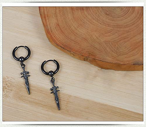 Sword Drop Dangle Small Hoop Earrings for Women Men Stainless Steel Engrave Dagger Halloween Statement Charms Drop Dangling Hoops Cuff Cartilage Wrap Vintage Punk Pray Jewelry - color: Black