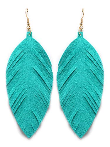 Large Genuine Soft Leather Handmade Fringe Feather Lightweight Tear Drop Dangle Color Earrings for Women Girls Fashion - color: Turquoise