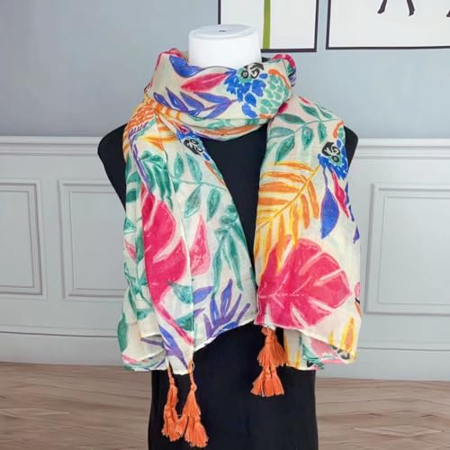 WaJuemy Travel Boho Scarf for Women Casual Lightweight Pashmina Scarves Fashion Multicolor Shawl Wraps with Fringed Beads - color: 05 Beige Floral