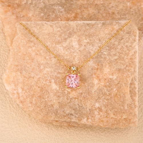 18K Gold-Plated Non Tarnish Birthstone Necklace for Women, 5A Princess Cut Cubic Zirconia Pendant, Birthday Anniversary Valentine's Gift, 18-20 Inches - color: 10-Oct-Pink